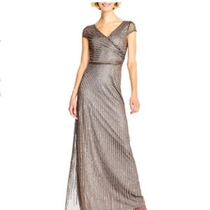 Adrianna Papell Metallic Taupe Beaded V-Neck Maxi Gown 12 PETITE